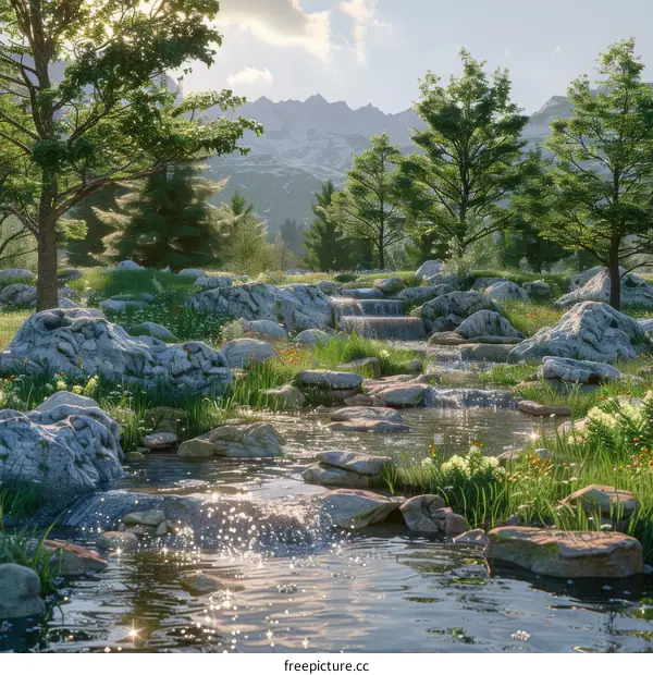 Sunlit River Winding Through a Lush Green Meadow