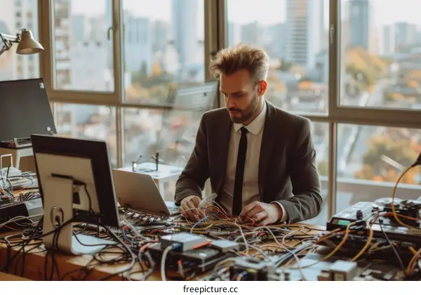 A man is working on a computer.