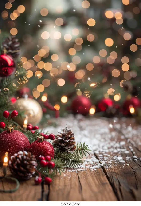 Festive Christmas Background with Red and Gold Ornaments and Lights