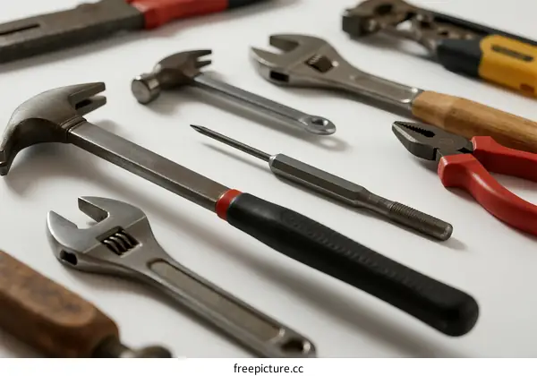 Various hand tools including wrenches hammers and screwdrivers
