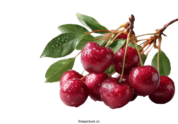 [Transparent Background PNG]Fresh Cherries with Dew Drops on a Branch