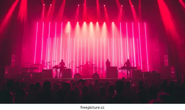 Musicians perform on a stage with pink lights in the background