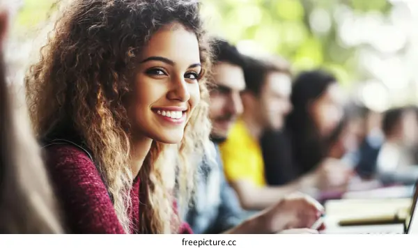 Happy Young Woman Students Outdoor Cafe