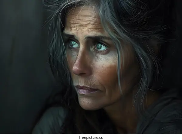 portrait of a middle-aged woman with gray hair and wrinkles