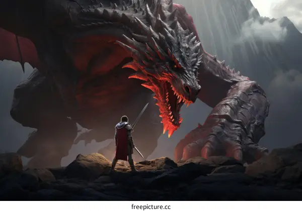 A knight is fighting a dragon in the mountains