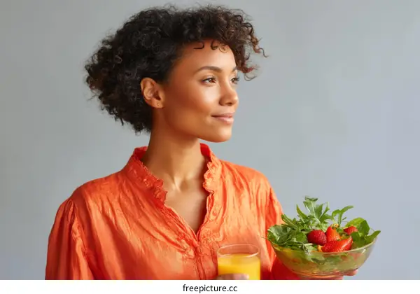 Woman Holding a Salad and Juice Portrait