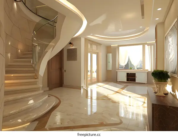 Modern Interior Design with Curved Staircase and Marble Floor