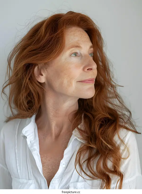 portrait of a redheaded woman in a white shirt