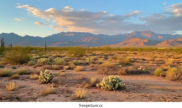 Arid desert landscape with cacti and mountains in the background