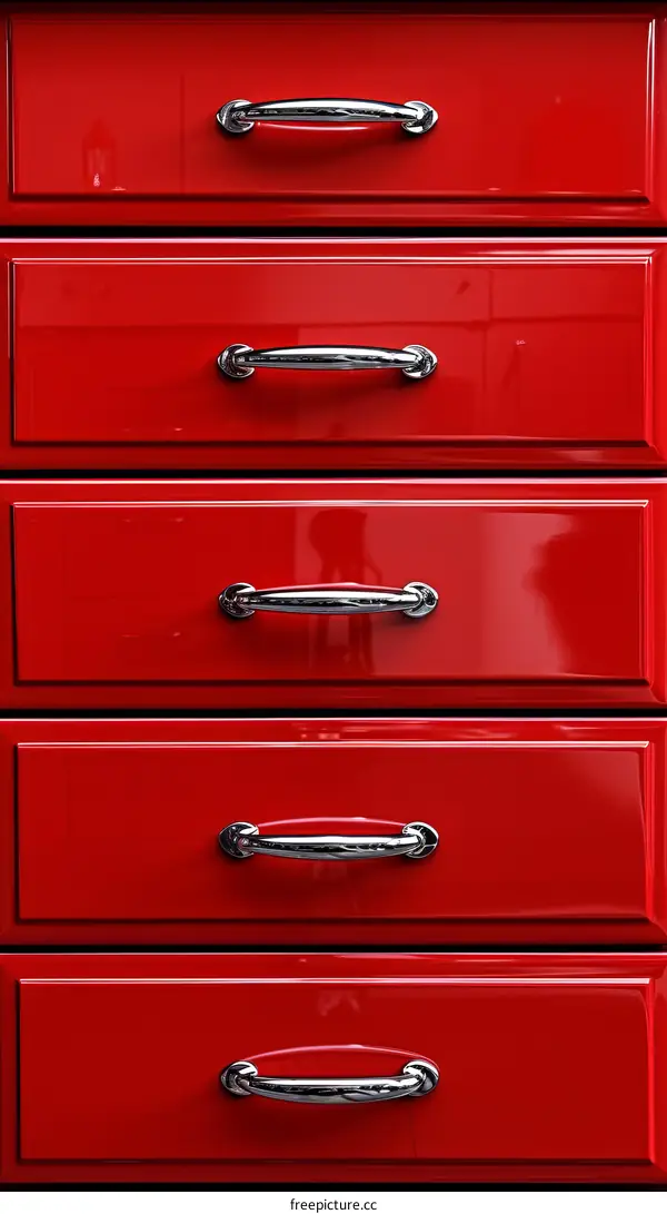 Red cabinet with five silver handles