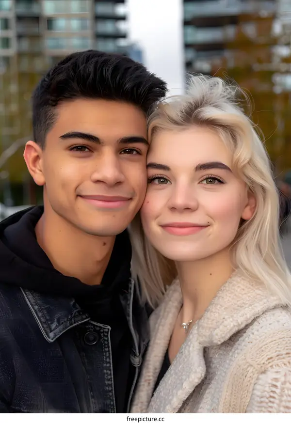 Smiling Couple Portrait Outdoors In City