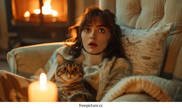 A young woman and her cat are sitting by the fireplace and looking at the fire in shock