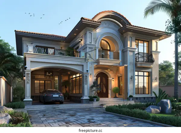 A 3D rendering of a two-story house with a garage