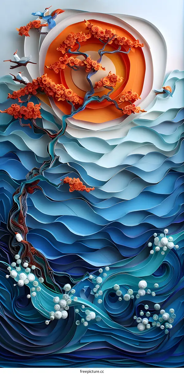Paper Cutout Ocean Sunrise with Tree and Birds