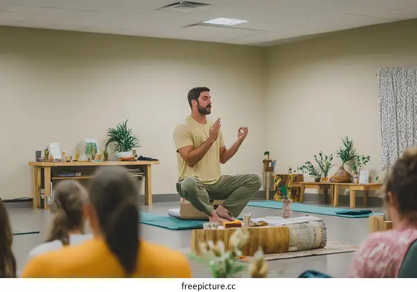 Man Leading Meditation Class In Studio With Students