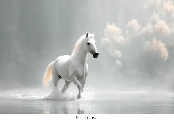 Majestic White Horse in Misty Morning