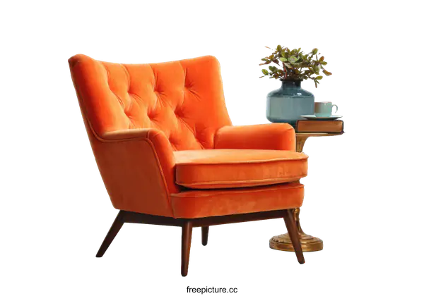 [Transparent Background PNG]Orange Velvet Armchair with Small Side Table