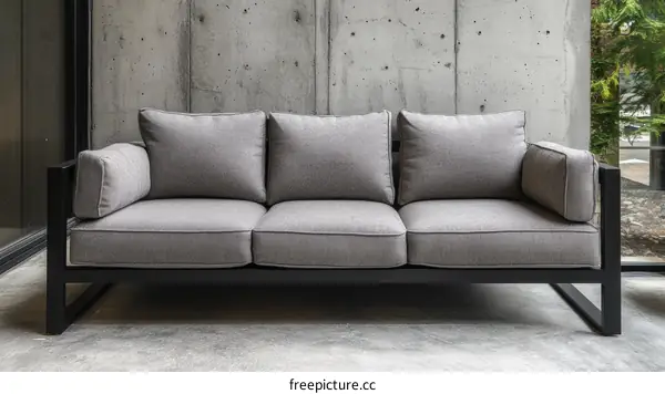 Modern Outdoor Gray Fabric Sofa with Black Frame