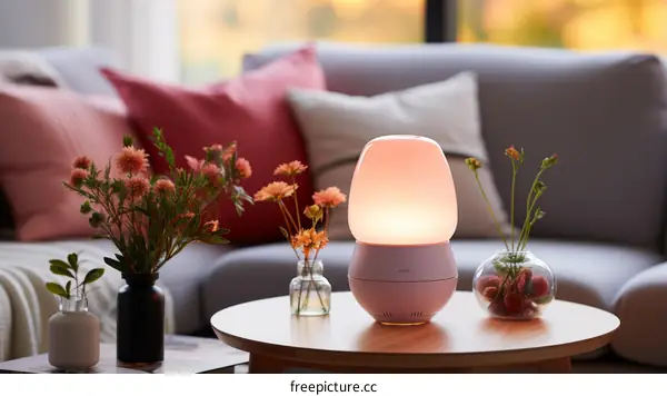 A beautiful aroma diffuser lamp sitting on a table in a living room