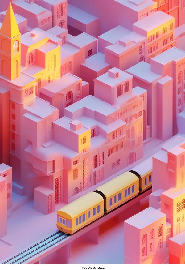 Abstract Cityscape with Train in Pink