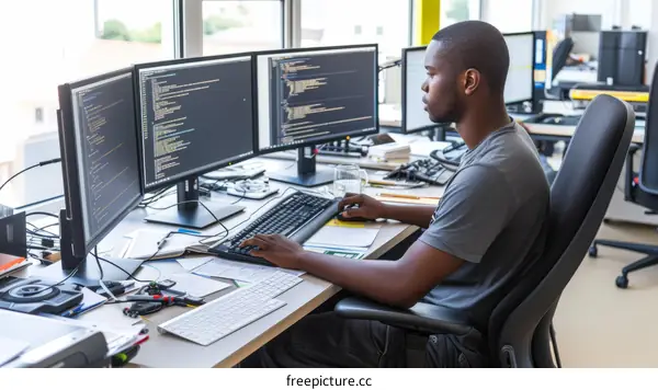 Black software engineer working on multiple monitors