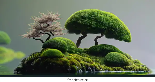 Green moss island with pink flowers