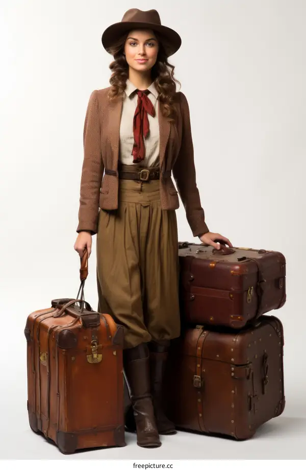 woman in brown hat and brown pants with suitcase