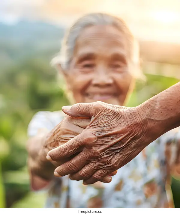 Close Up of Two Hands Holding Together, Elderly Asian Woman in Blurred Background