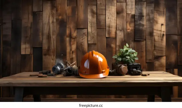 Orange Hard Hat on Wooden Table with Tools