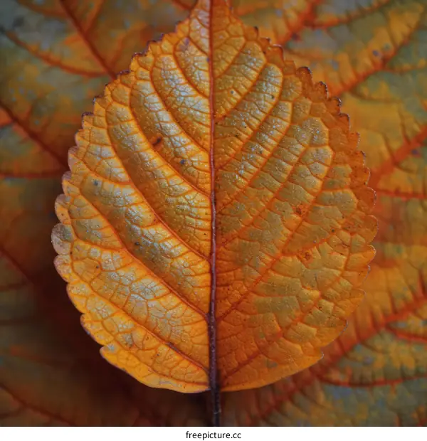 Close-up of a colorful leaf with intricate veins and a smooth surface