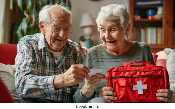 Smiling elderly couple looking at a first aid kit