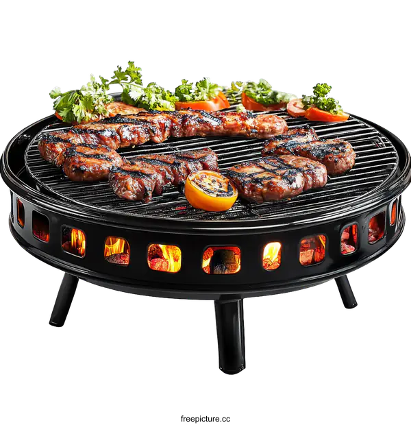 [Transparent Background PNG]Round Outdoor Grill with Cooking Meat