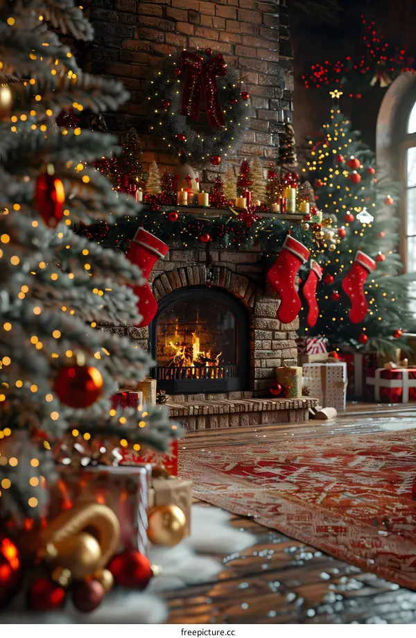 Christmas tree by the fireplace
