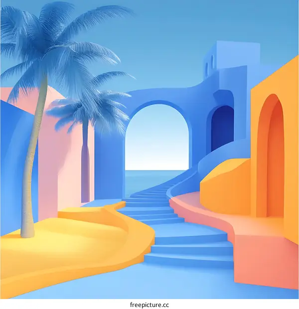 Abstract Minimalist Summer Landscape with Palm Trees and Blue Archway
