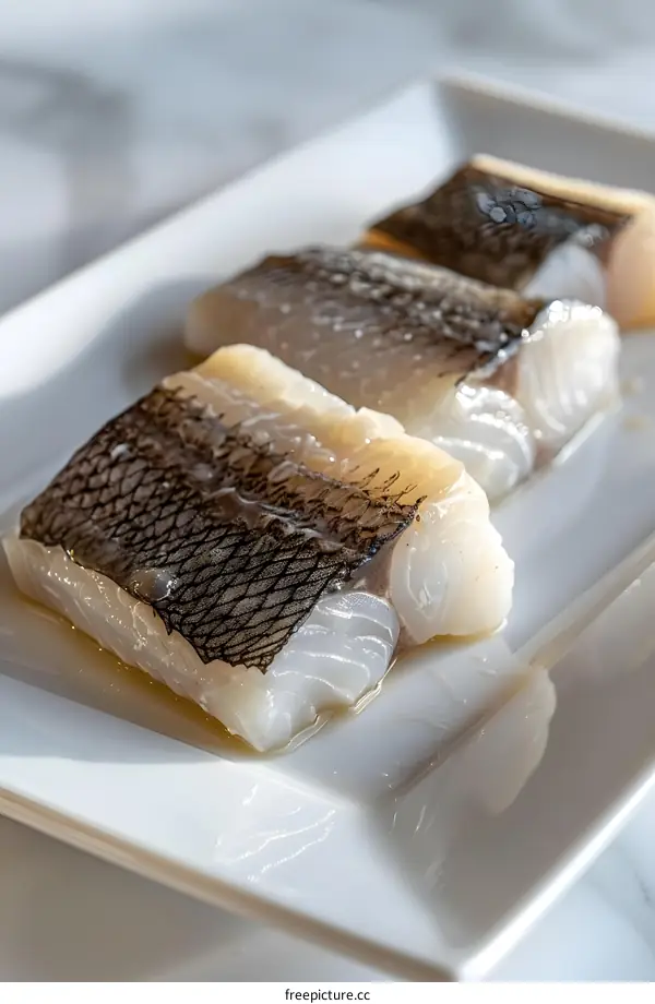 Three pieces of raw fish fillet on a white plate