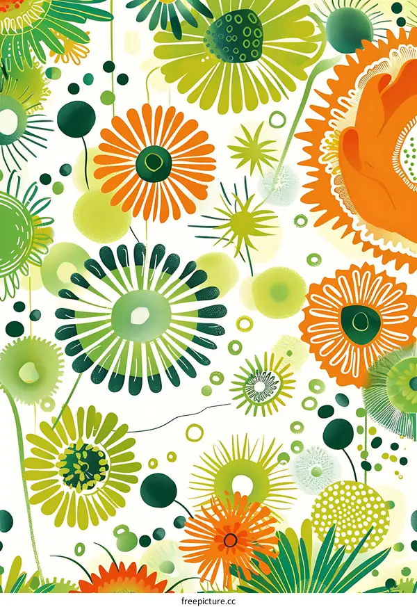 Abstract Seamless Pattern with Green and Orange Flowers