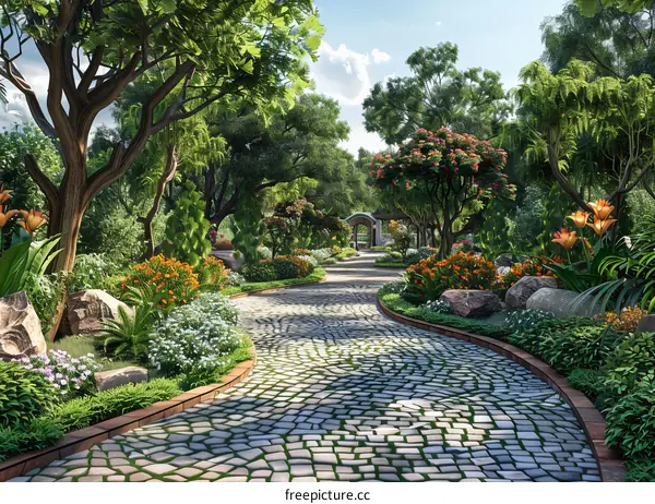 Serene Stone Path Through Lush Garden