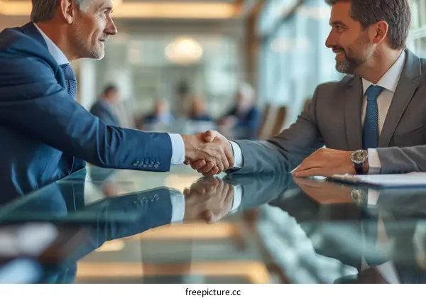 Two businessmen in suits shaking hands over a glass table in an office