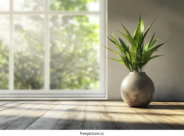 Green Plant in Vase on Wooden Table with Window View
