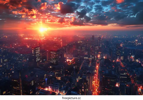 A stunning view of a city at sunset