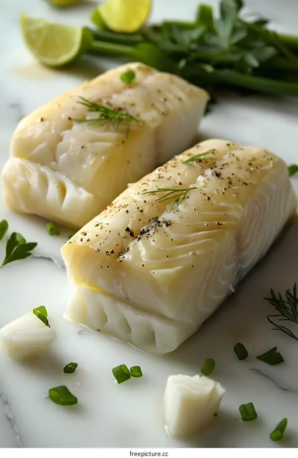 Seasoned cod fillets on marble