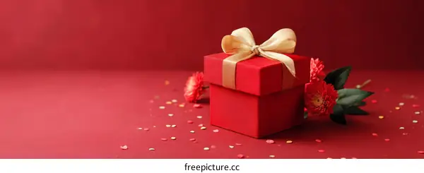 Red Gift Box with Confetti and Flowers