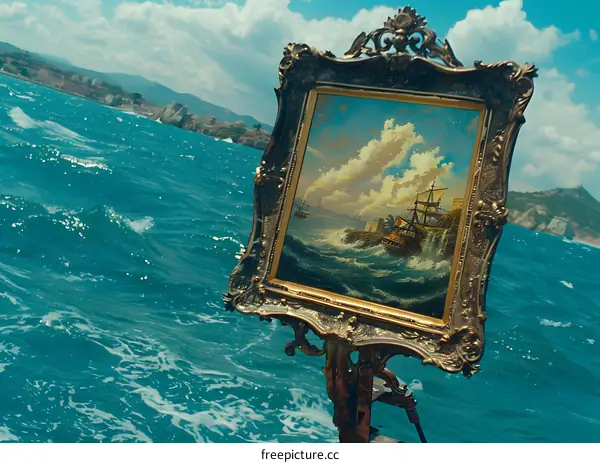 Framed Artwork of a Ship in a Stormy Sea