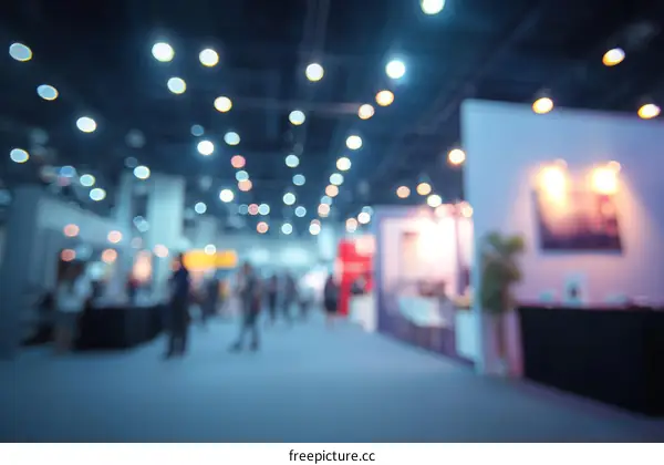 Blurred View of Exhibition Hall with Bright Lights and Crowds