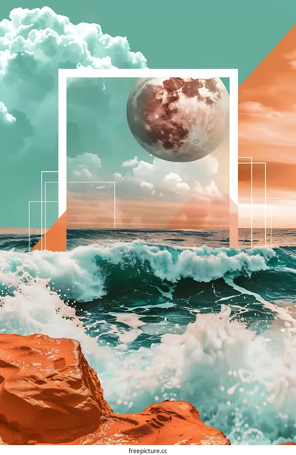 Surreal Collage With Ocean Waves and Moon