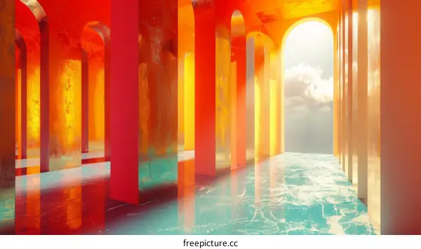 Abstract Colorful Archway Corridor with Water Reflection