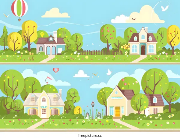 Spring Landscape with Houses and Flowers