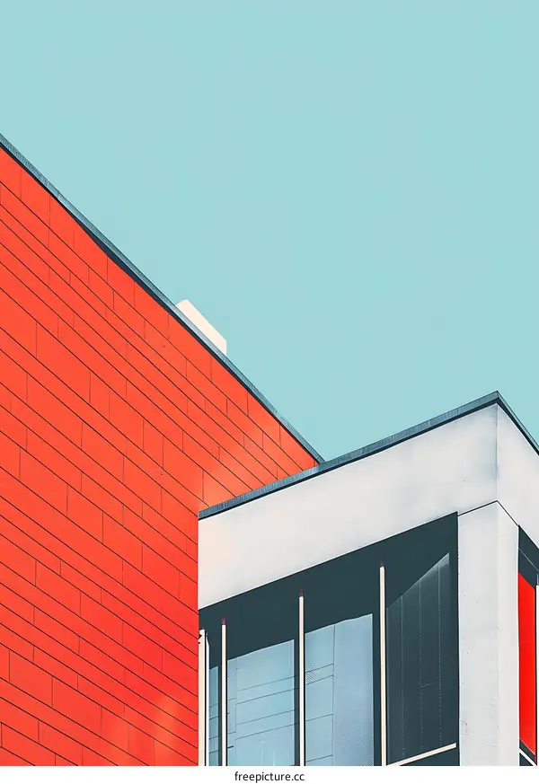 Minimalist Modern Building Architecture with Red Brick Wall and Blue Sky