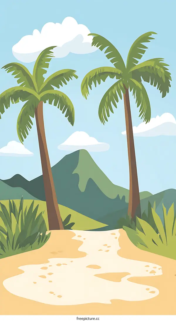 Tropical Beach Landscape Illustration With Two Palm Trees And Mountains