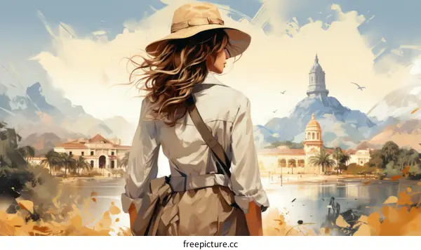 An illustration of a female explorer looking at a colonial city